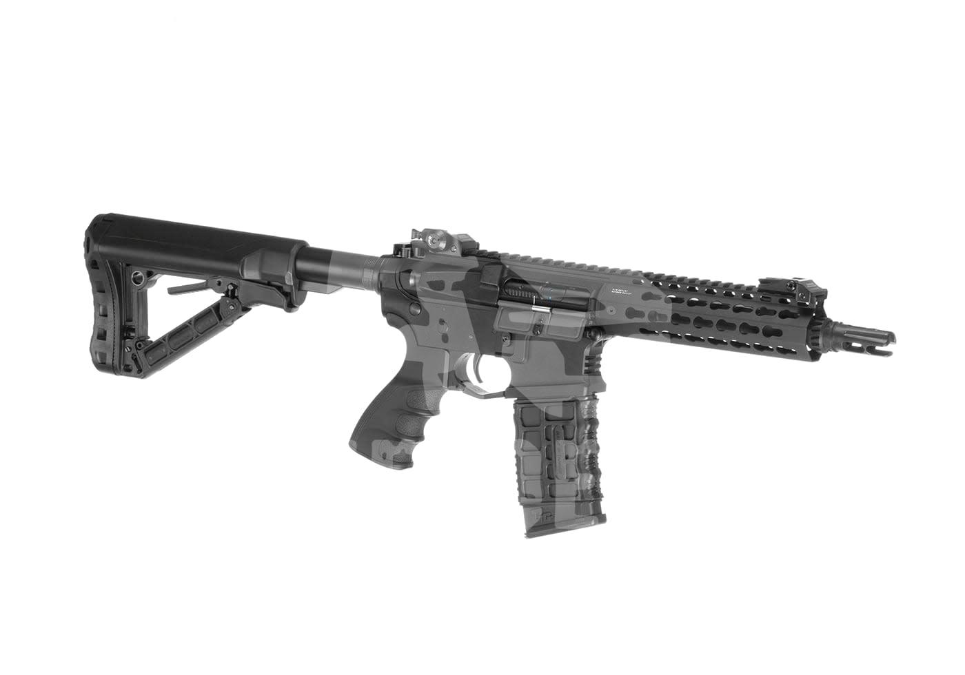 Schwarzes Airsoft-Gewehr im taktischen Design mit Schaft und Picatinny-Schienen.