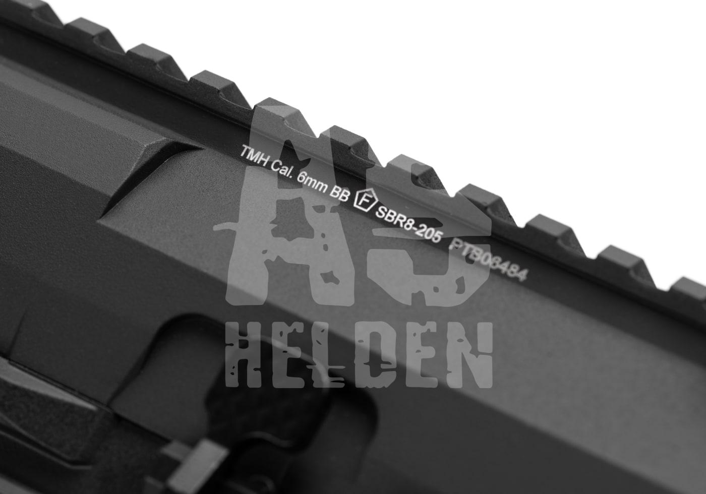 G&G SBR8 SD 7" S-AEG - ab 18 Jahren Nahaufnahme einer Airsoft-Rail mit Kaliberangabe 6mm BB und Modellnummer SBR8-205.