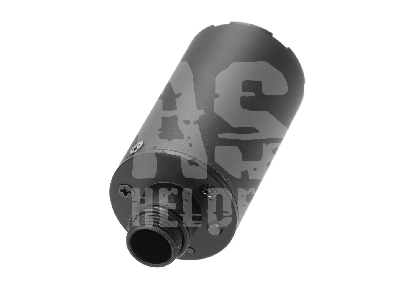 Schwarzer Airsoft-Schalldämpfer mit Befestigungsgewinde, seitlich betrachtet.