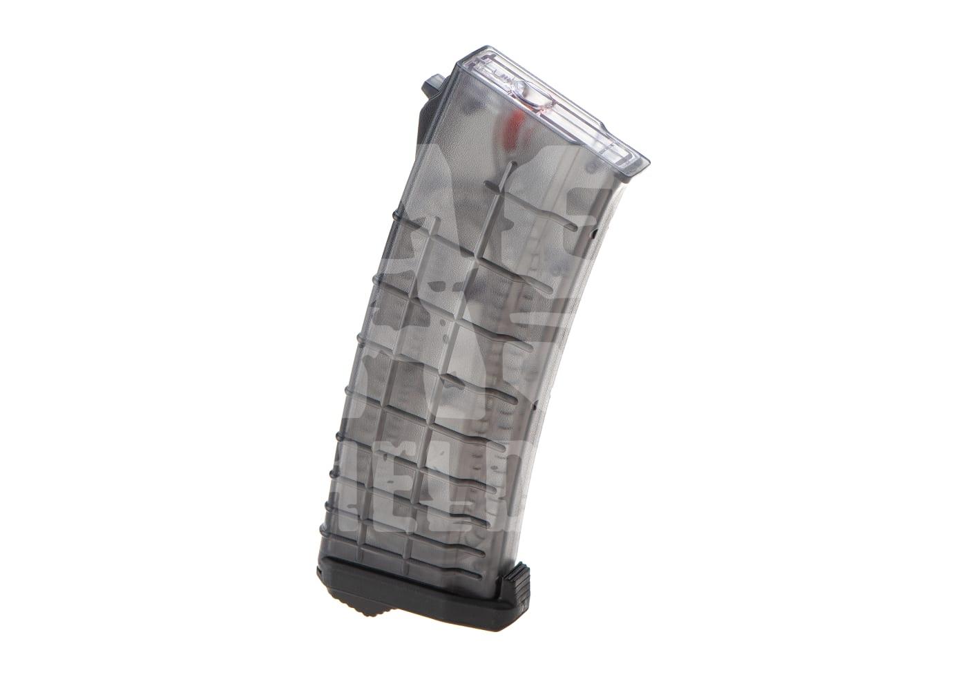 Transparenter Gewehrmagazin in Camouflage-Optik auf weißem Hintergrund.