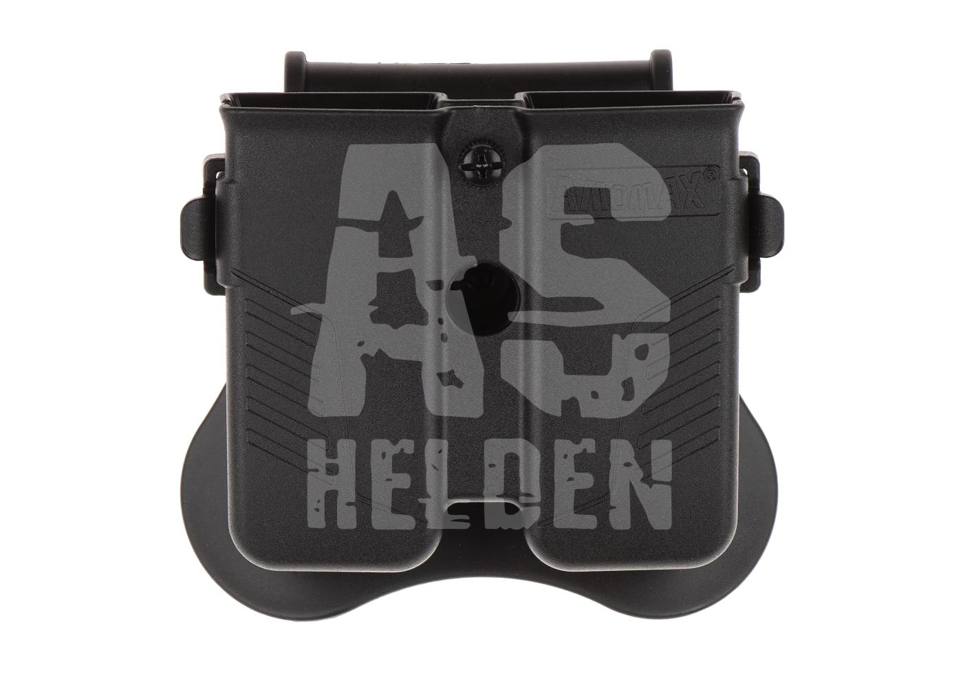 Schwarzes Magazintasche-Doppelholster für Airsoft, Vorderansicht.