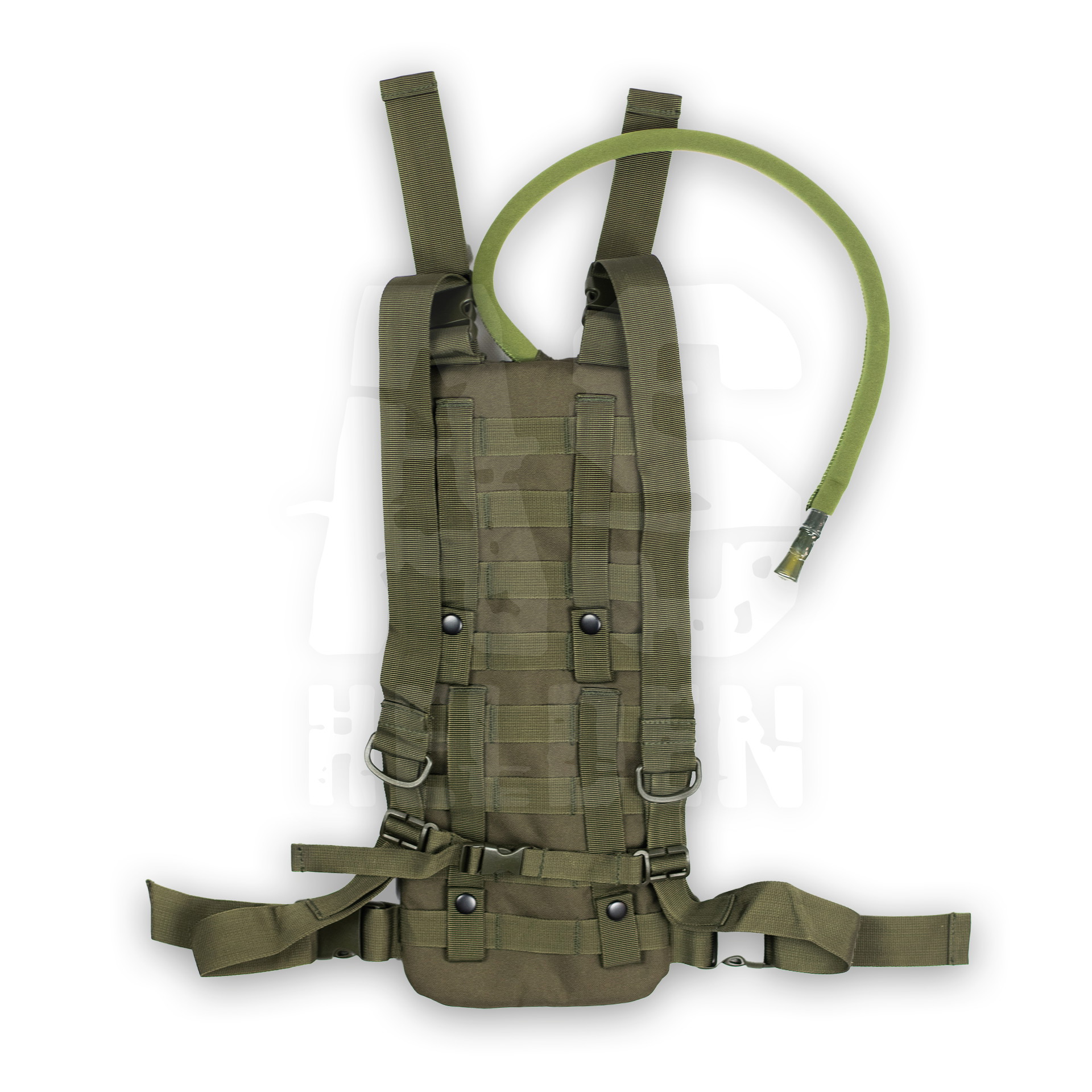 Olivegrünes Airsoft-Trinksystem mit MOLLE-Schlaufen und Trinkschlauch. Ideal für Outdoor- und Tactical-Spiele.