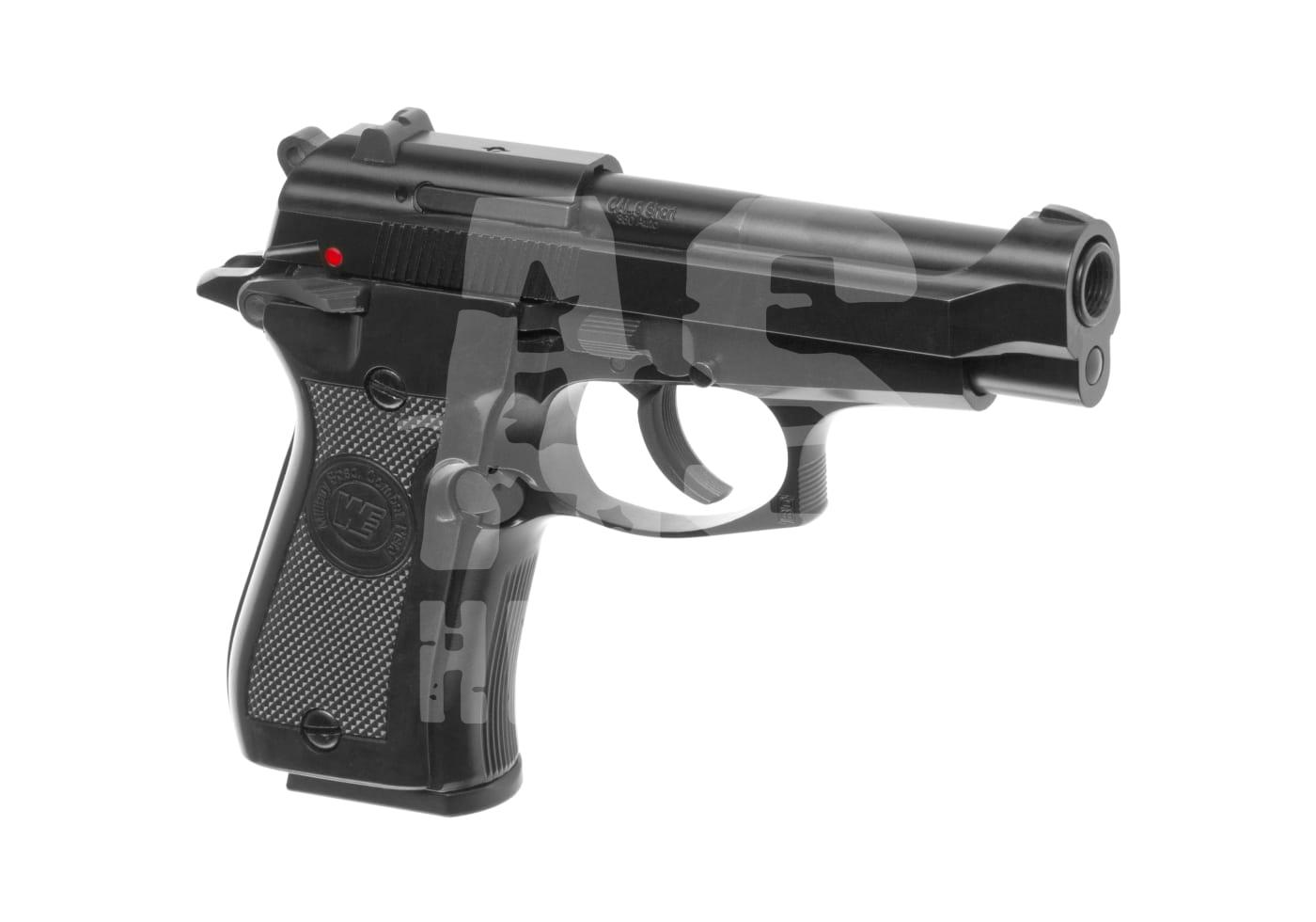 Schwarze Airsoft-Pistole mit rotem Markierungspunkt auf dem Sicherungshebel, seitliche Ansicht.