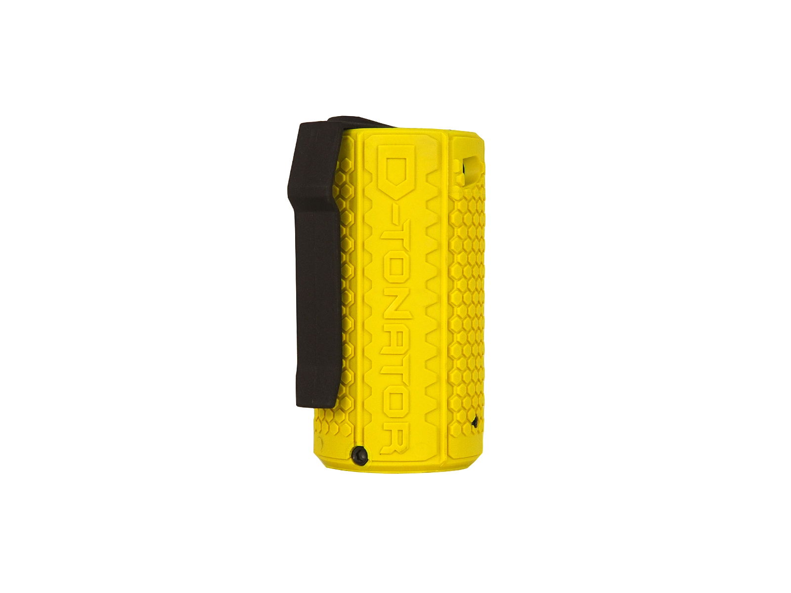 Gelbe Airsoft-Granate mit schwarzem Clip und hexagonaler Struktur.