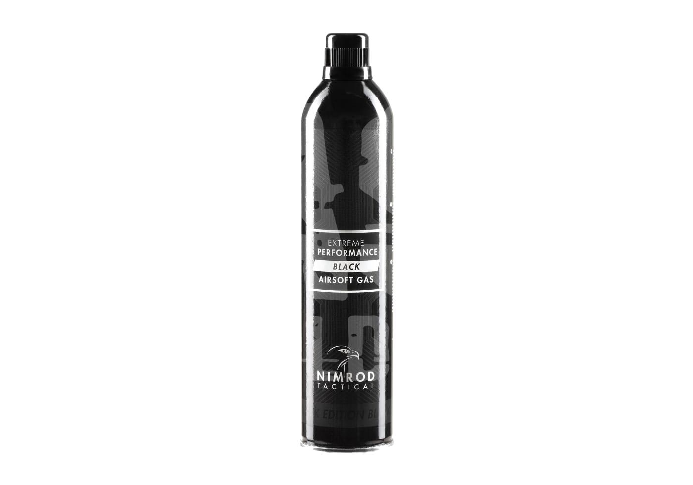 Schwarze Nimrod Tactical Airsoft-Gasflasche "Extreme Performance" mit detailliertem Etikett.