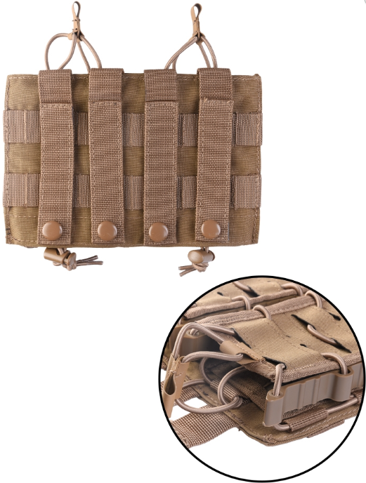 Taktische, beige Molle-Tasche mit vier Riemen und Detailansicht der Befestigungsschlaufen.