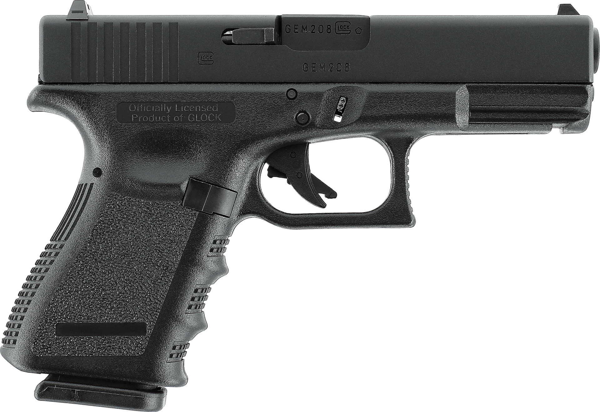 Schwarze Airsoft-Pistole mit strukturiertem Griff, modernes Design, seitliche Ansicht.