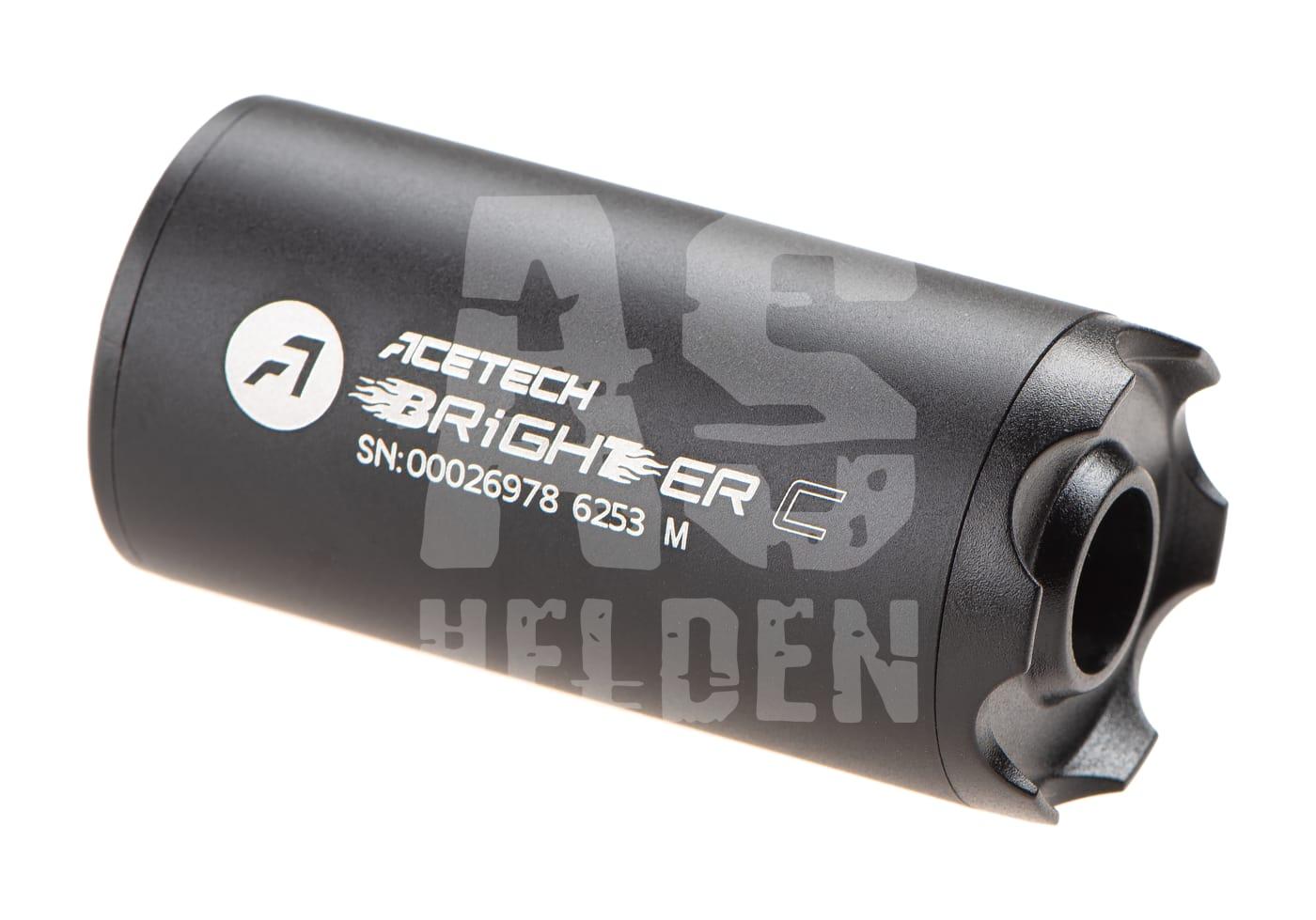 Schwarzer Acetech Brighter C Airsoft-Tracer mit Seriennummer, seitliche Ansicht.