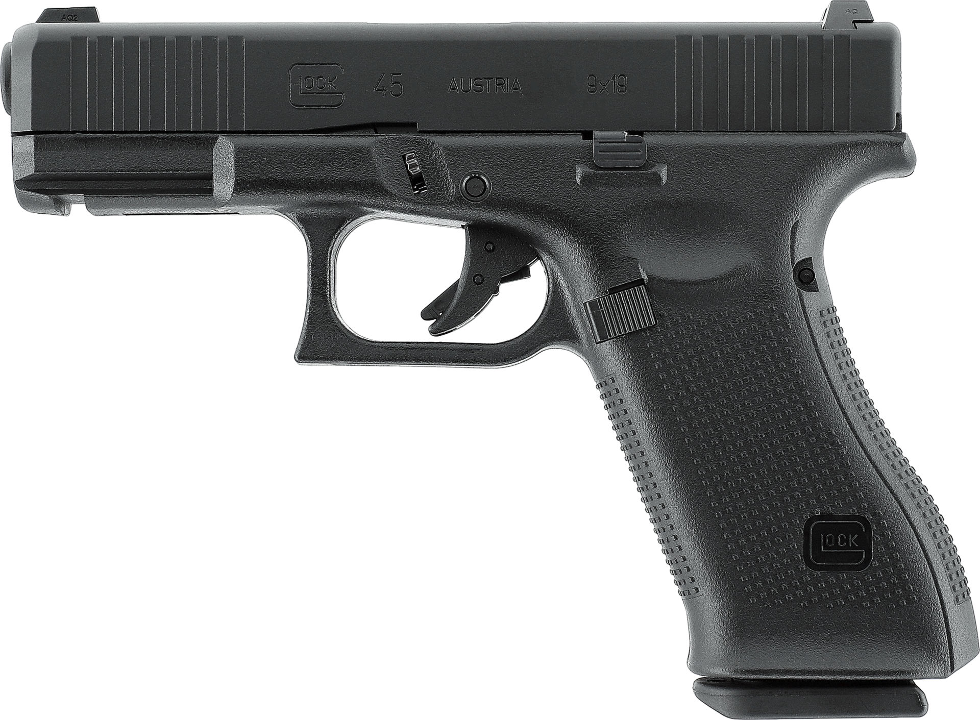 Schwarze Airsoft-Pistole im Design einer halbautomatischen Kurzwaffe von der Seite.