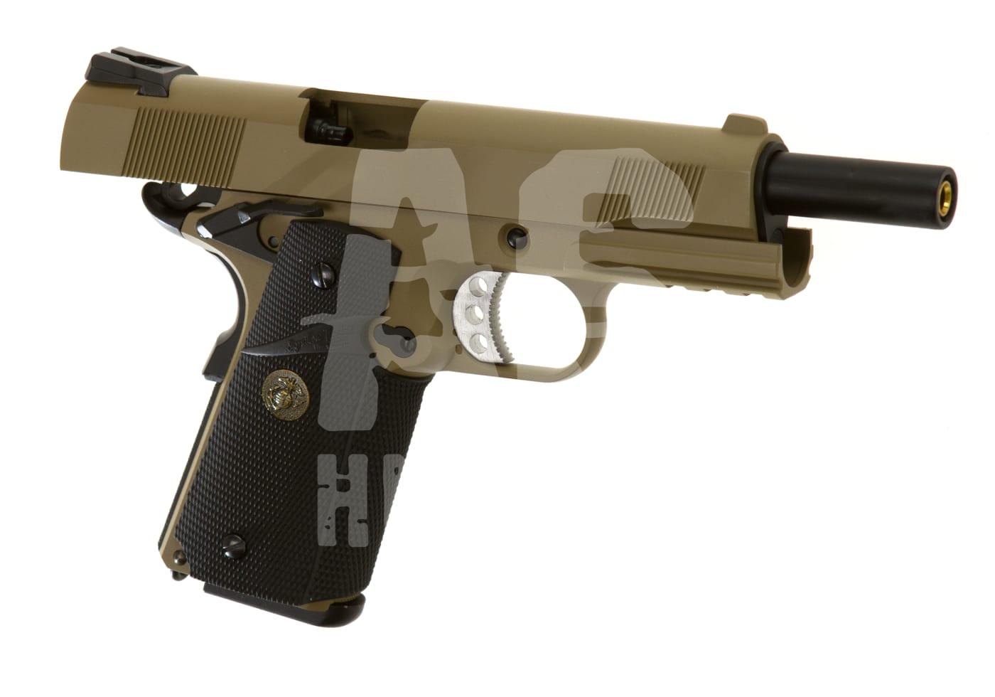 WE M1911 MEU Tactical Full Metal GBB - ab 18 Jahren Airsoft-Pistole, beige mit schwarzen Griffschalen, seitliche Ansicht, realistisches Design.