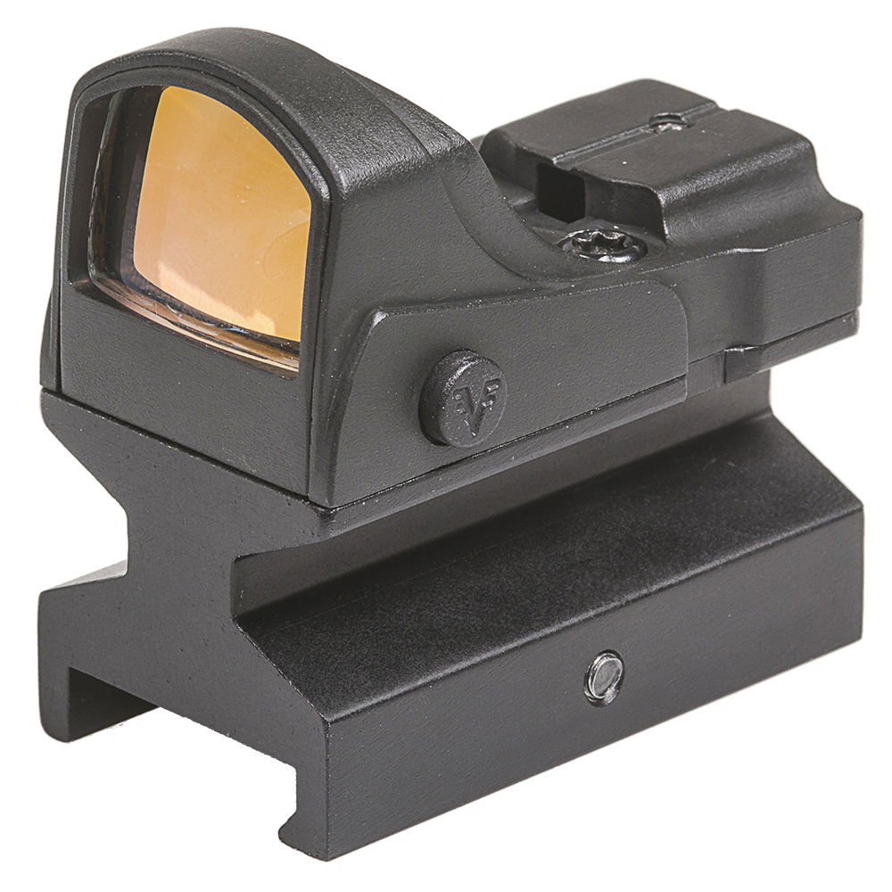 Kompaktes Airsoft-Reflexvisier mit schwarzen Gehäuse und orangefarbener Linse für präzises Zielen.