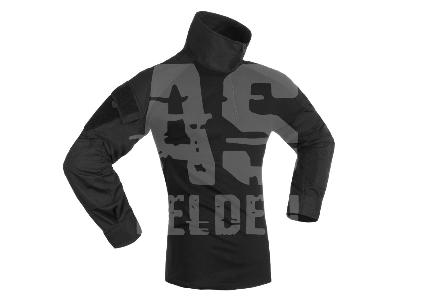 Invader Gear Combat Shirt Schwarzes Airsoft-Combat-Shirt mit hohem Kragen und Verstärkungen an den Armen.