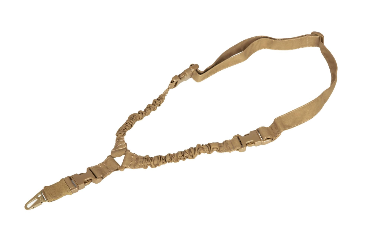 Taktischer, einpunktiger Riemen in Coyote-Braun mit robusten Schnallen und Metallhaken für Airsoft-Waffen.