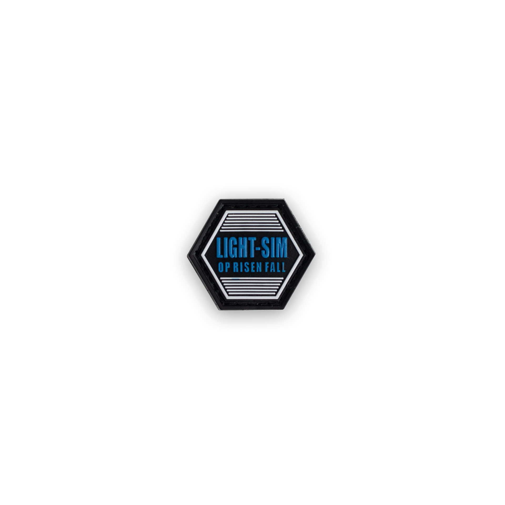 Hexagonaler Airsoft-Patch "LIGHT-SIM OP RISEN FALL" mit blauem Text auf schwarzem Hintergrund.