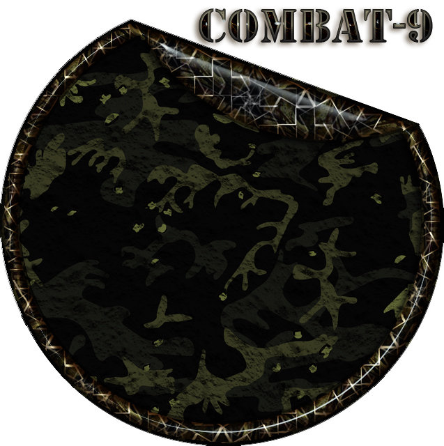 Tarnmuster in Dunkelgrün und Schwarz mit glänzender Umrandung. Text "COMBAT-9" oben.