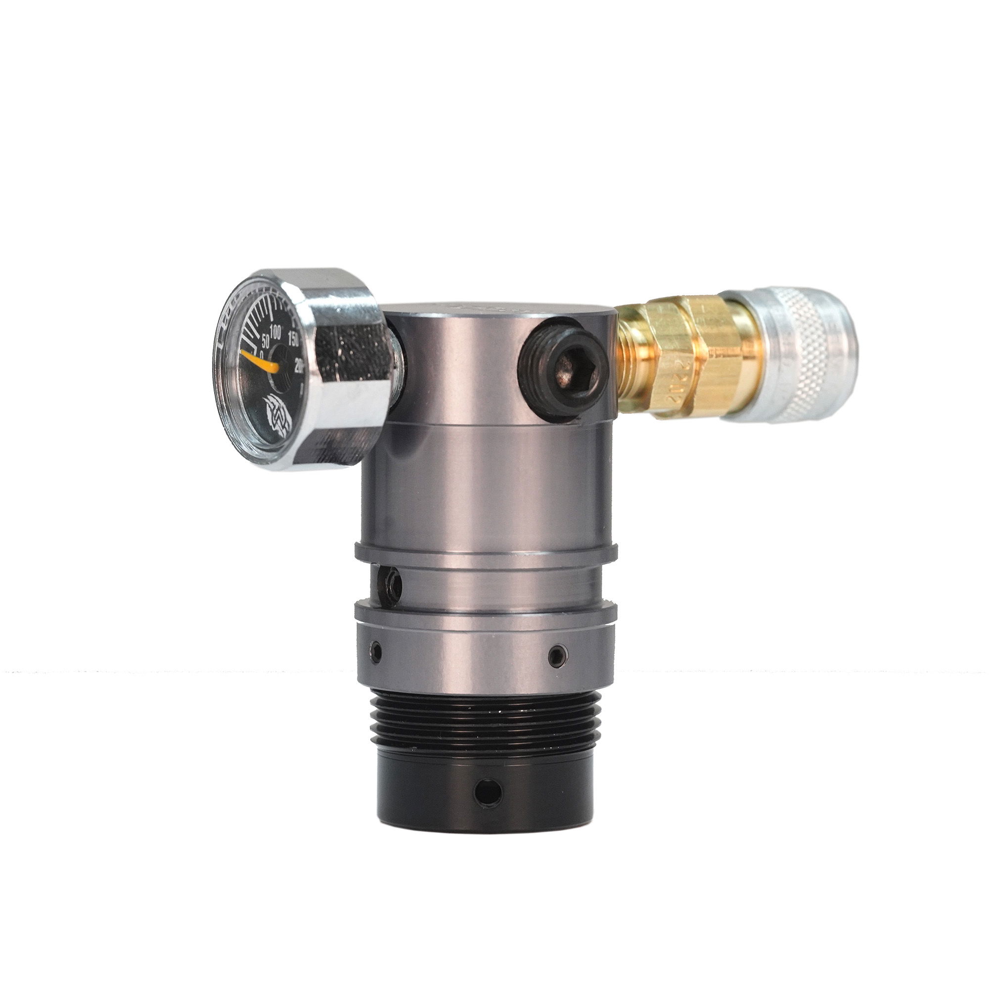 Airsoft Druckregler mit Manometer und Anschluss für präzise Druckeinstellung in Silber und Gold.