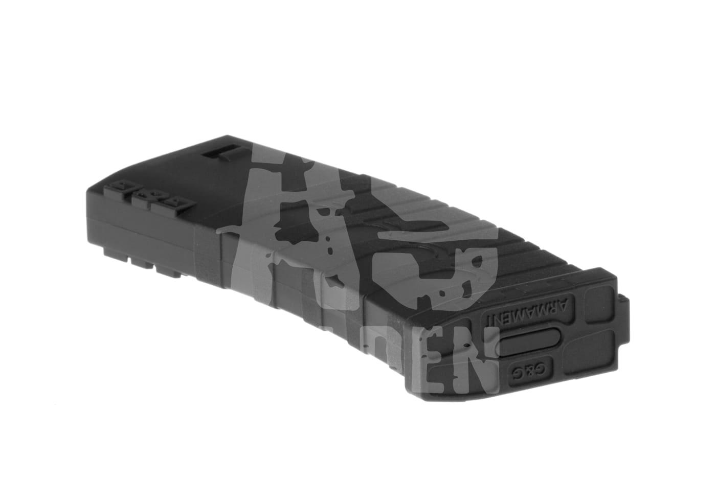 G&G Magazin M4 Midcap 120rds Schwarzes Airsoft-Magazin mit strukturiertem Design, leicht schräg liegend.