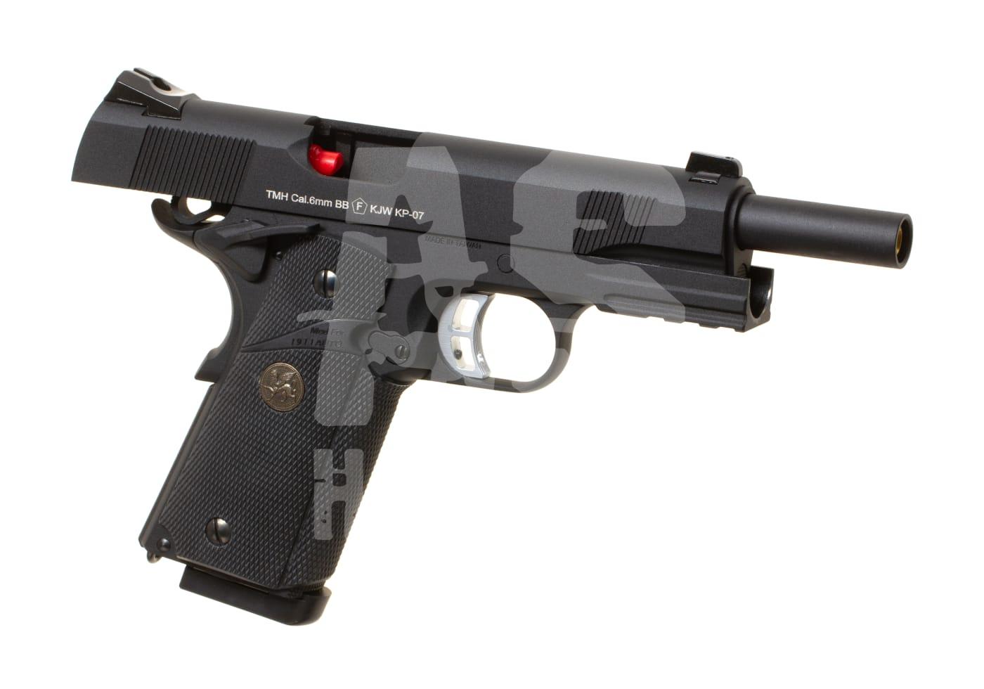 Schwarze Airsoft-Pistole, Modell 1911, 6mm BB, mit strukturiertem Griff und Metallschlitten.