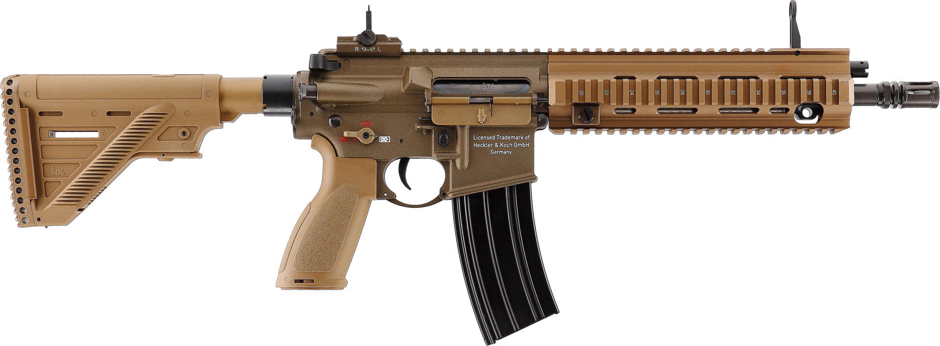 Airsoft-Gewehr in tan mit Schiene, taktischem Griff und modernem Design.