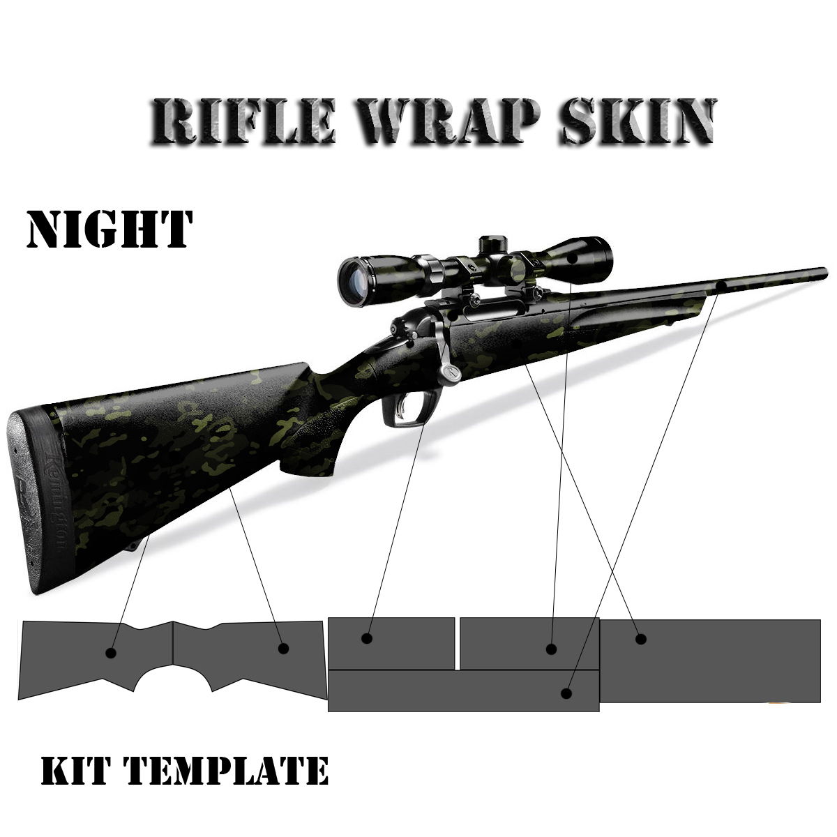Gewehr mit Nachttarnfolien-Design und Vorlage zur Individualisierung.