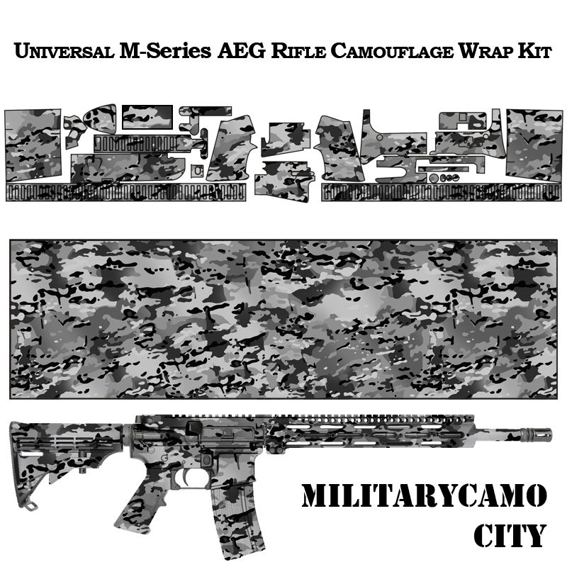 Camouflage-Kit für M-Series AEG Gewehr in Grau-Schwarz, urbanes Tarnmuster.