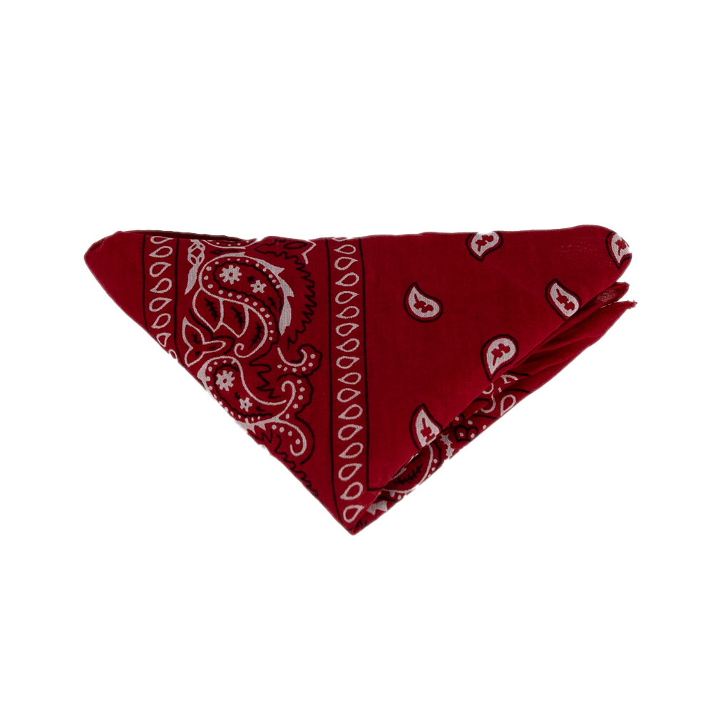 Rotes Bandana mit Paisley-Muster, dreieckig gefaltet. Ideal als Accessoire im Airsoft-Bereich.