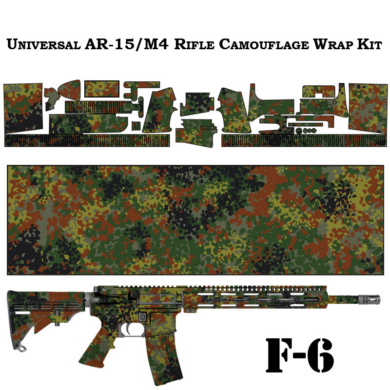 Universal AR-15/M4 Tarnmuster-Wrap-Kit, Flecktarn-Design für Gewehre, mit verschiedenen Teilen und Mustern.