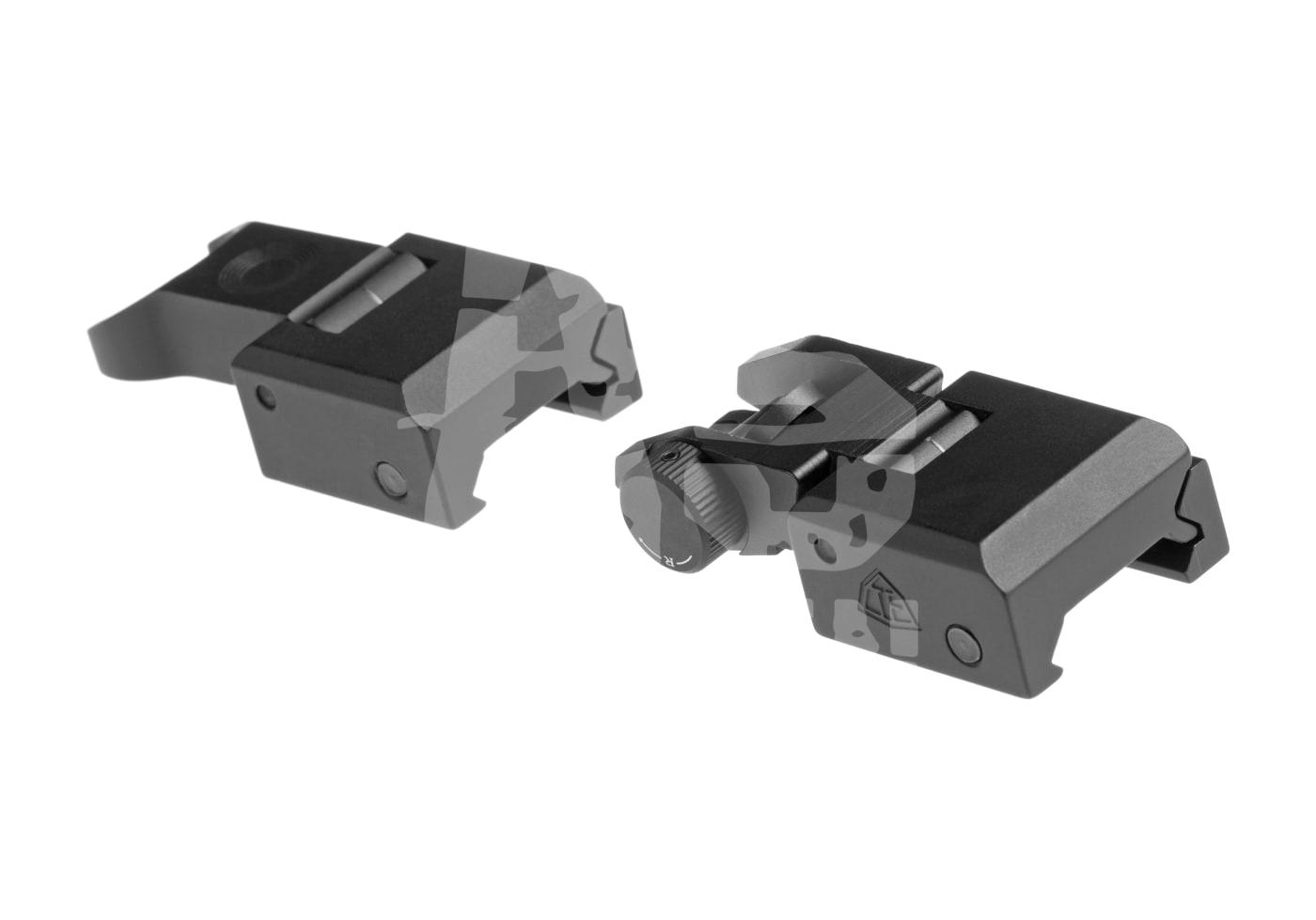 Zwei klappbare, schwarze Flip-Up-Visiere für Airsoft-Waffen auf weißem Hintergrund.