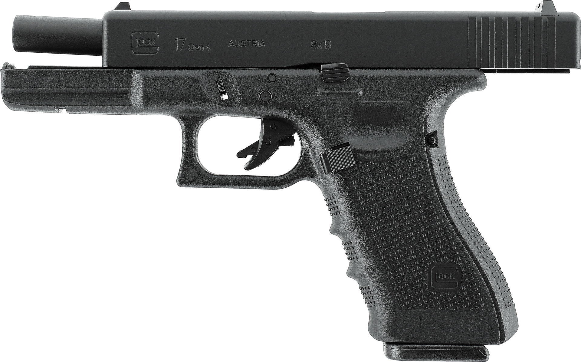 Airsoft-Pistole Glock 17 Gen4 in Schwarz, seitliche Ansicht.