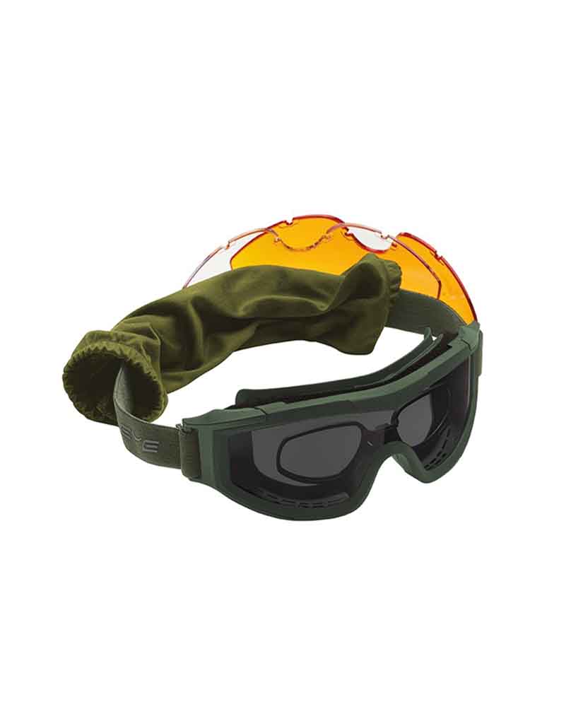 Taktische Schutzbrille in Grün mit Wechselgläsern und elastischem Band, geeignet für Airsoft-Aktivitäten.