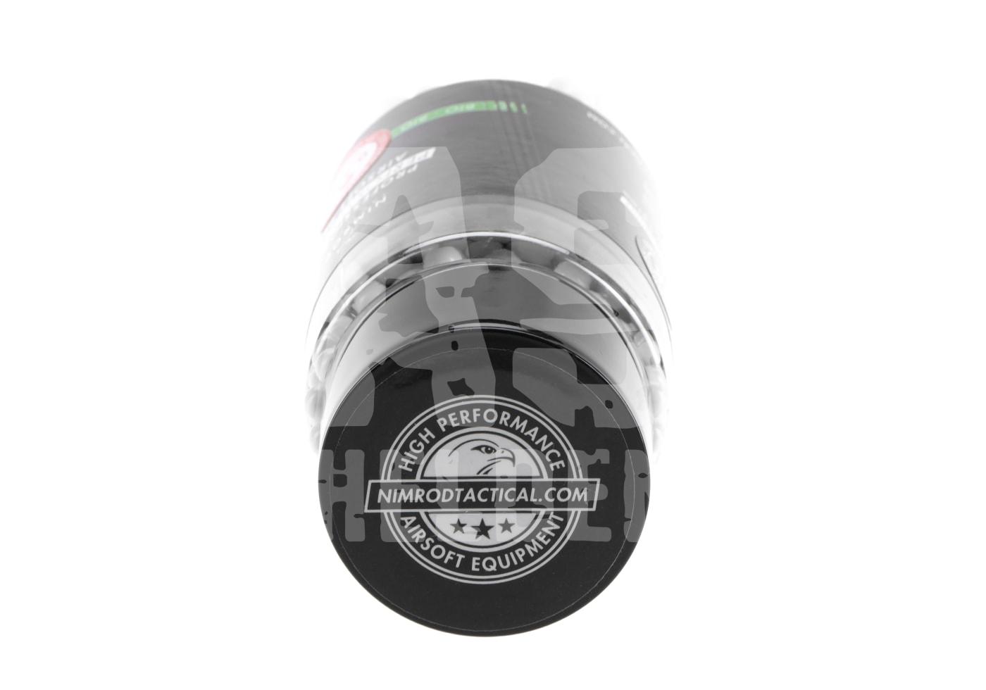 Flasche mit Airsoft-BBs, Nimrodtactical-Logo, High-Performance-Ausrüstung.
