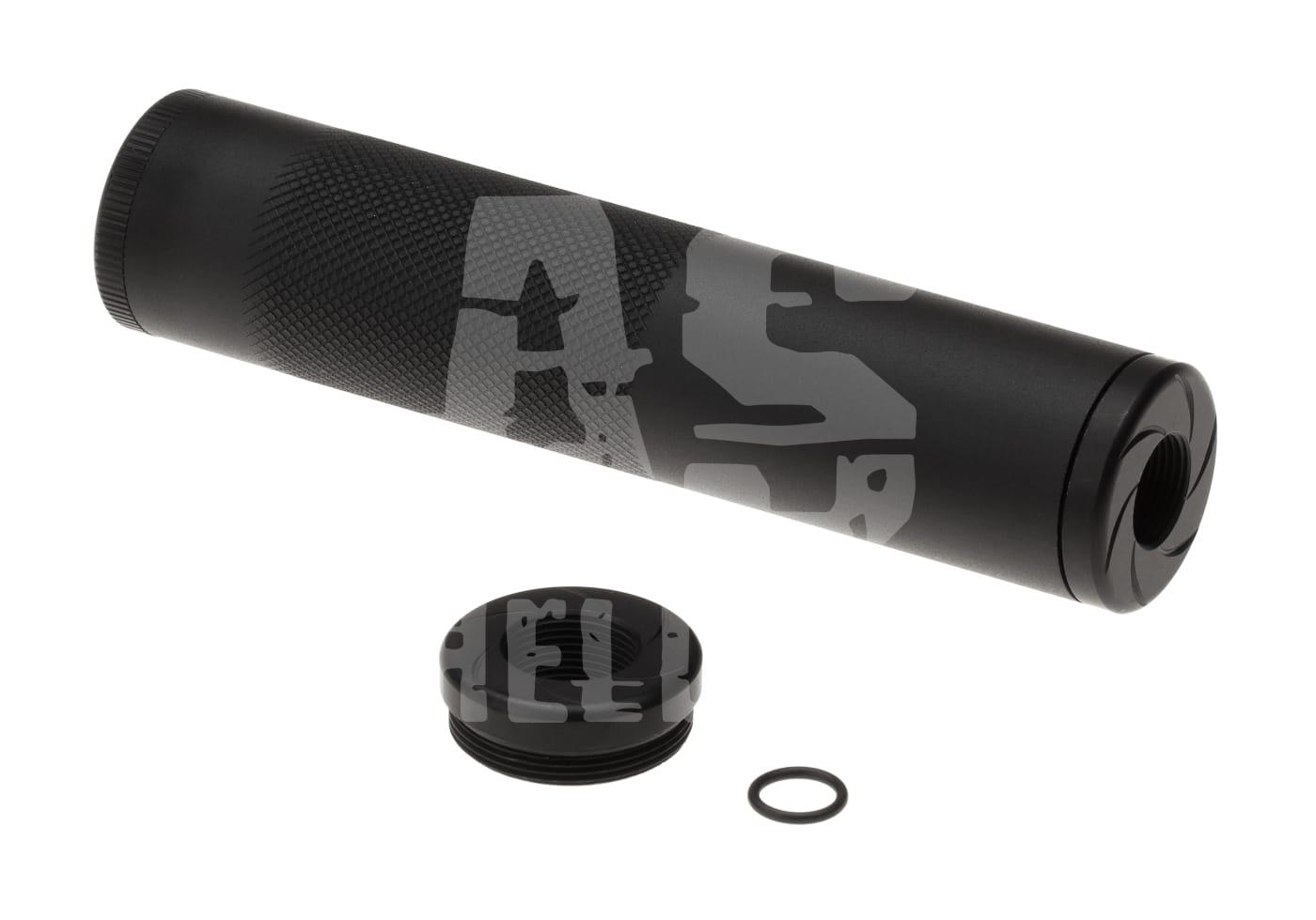 Schwarzer Airsoft-Schalldämpfer mit Gewinde, abnehmbarer Kappe und Dichtung.