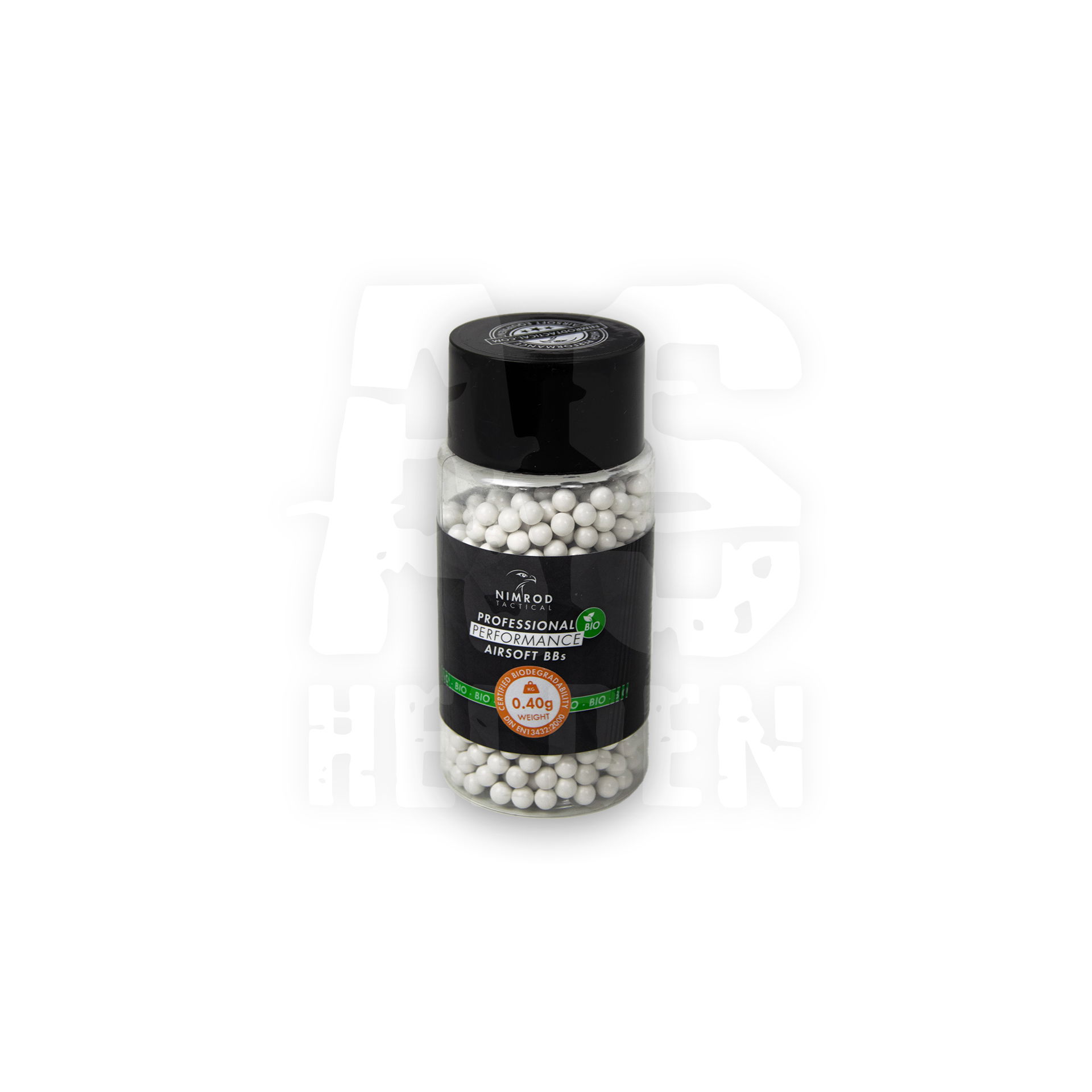 Dose mit weißen Bio-Airsoftkugeln, 0,40g, für professionelle Performance.