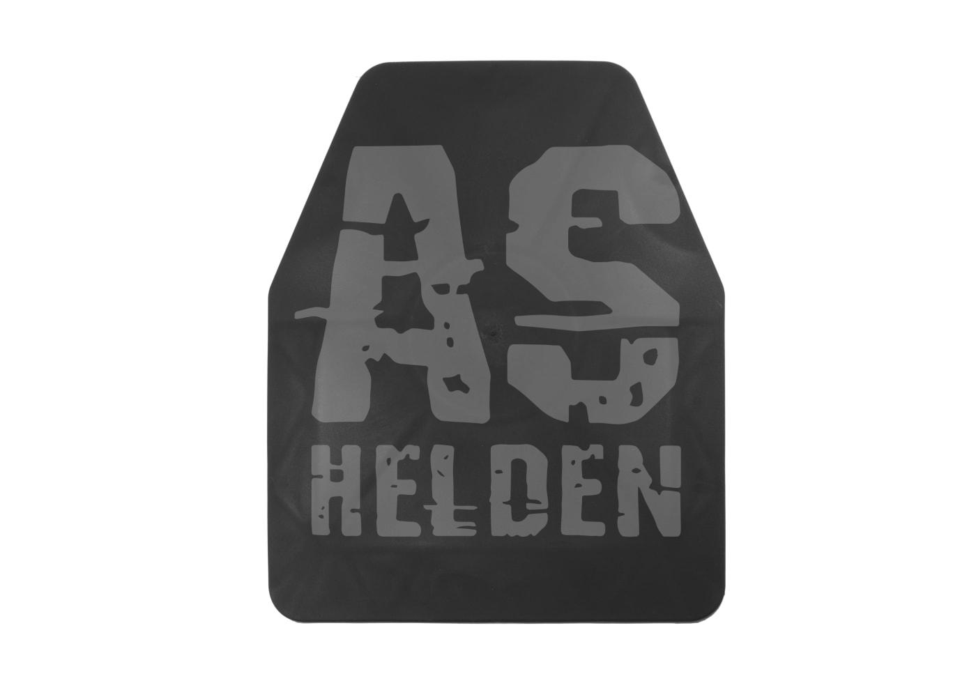SAPI Dummy Ballistic Plate Schwarzer Airsoft-Panzerungseinsatz mit "AS Helden"-Logo in grauer Schrift.