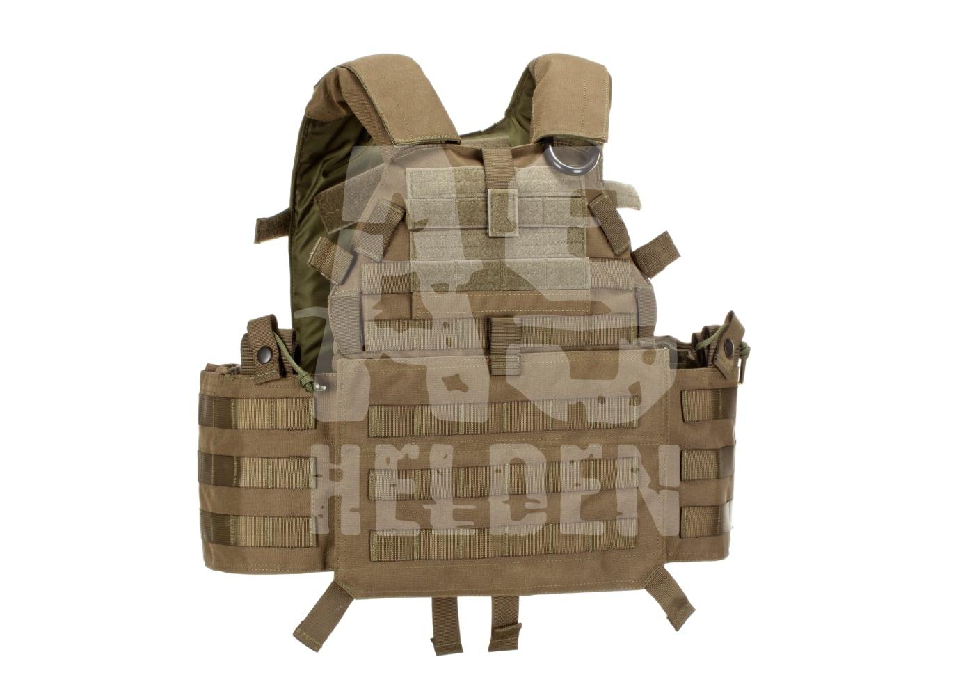 Taktische Weste in Coyote-Braun mit MOLLE-System und Klettflächen für Airsoft-Ausrüstung.