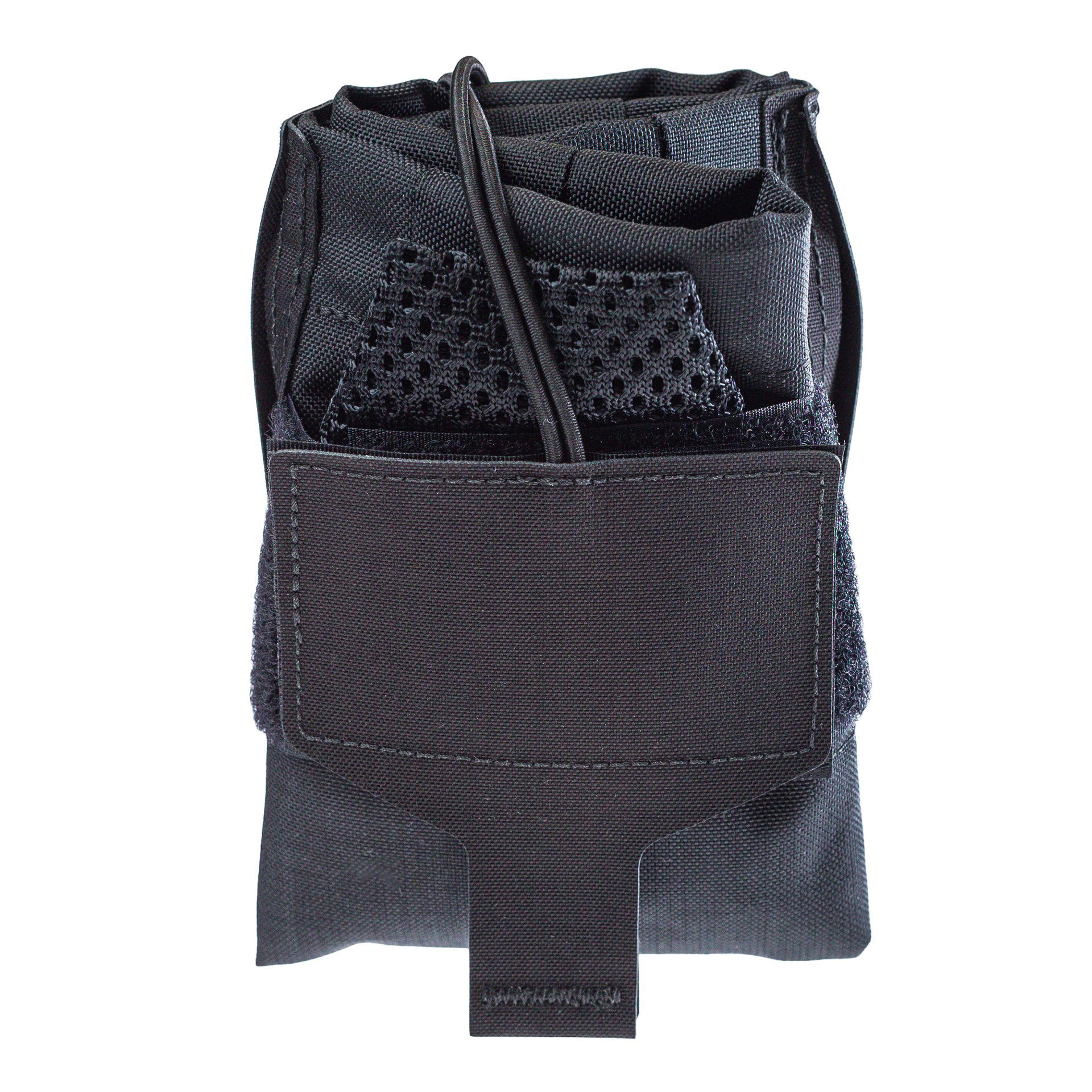 Schwarze Airsoft-Tasche mit Klettverschluss, geeignet für Magazine, mit elastischem Verschlussband.