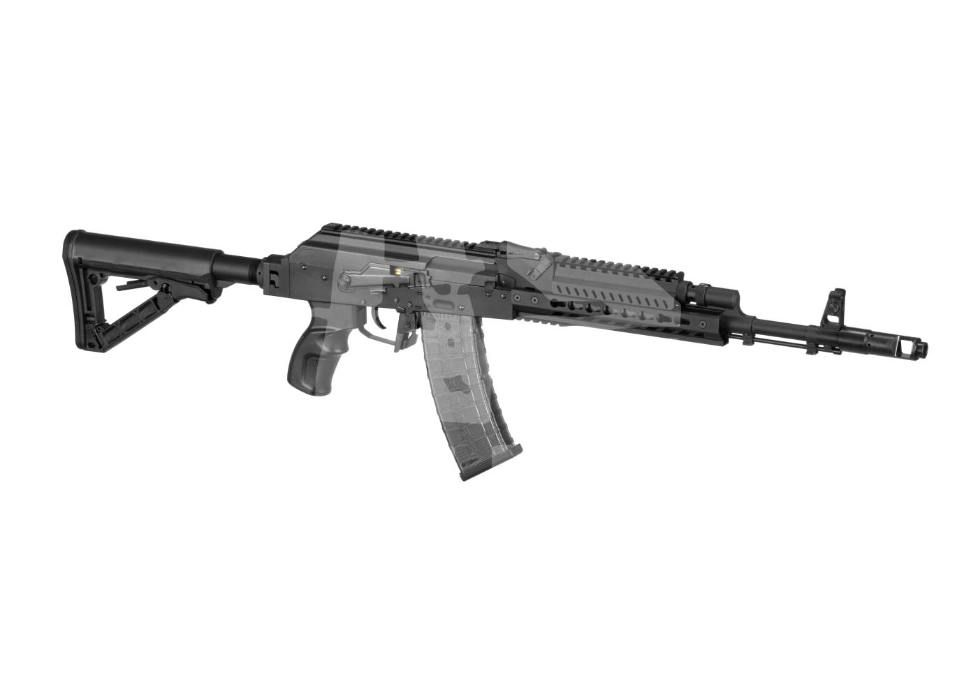 G&G RK74 Tactical E.T.U. S-AEG - ab 18 Jahren Airsoft-Gewehr mit taktischem Schaft und transparentem Magazin, rechtsseitige Ansicht.