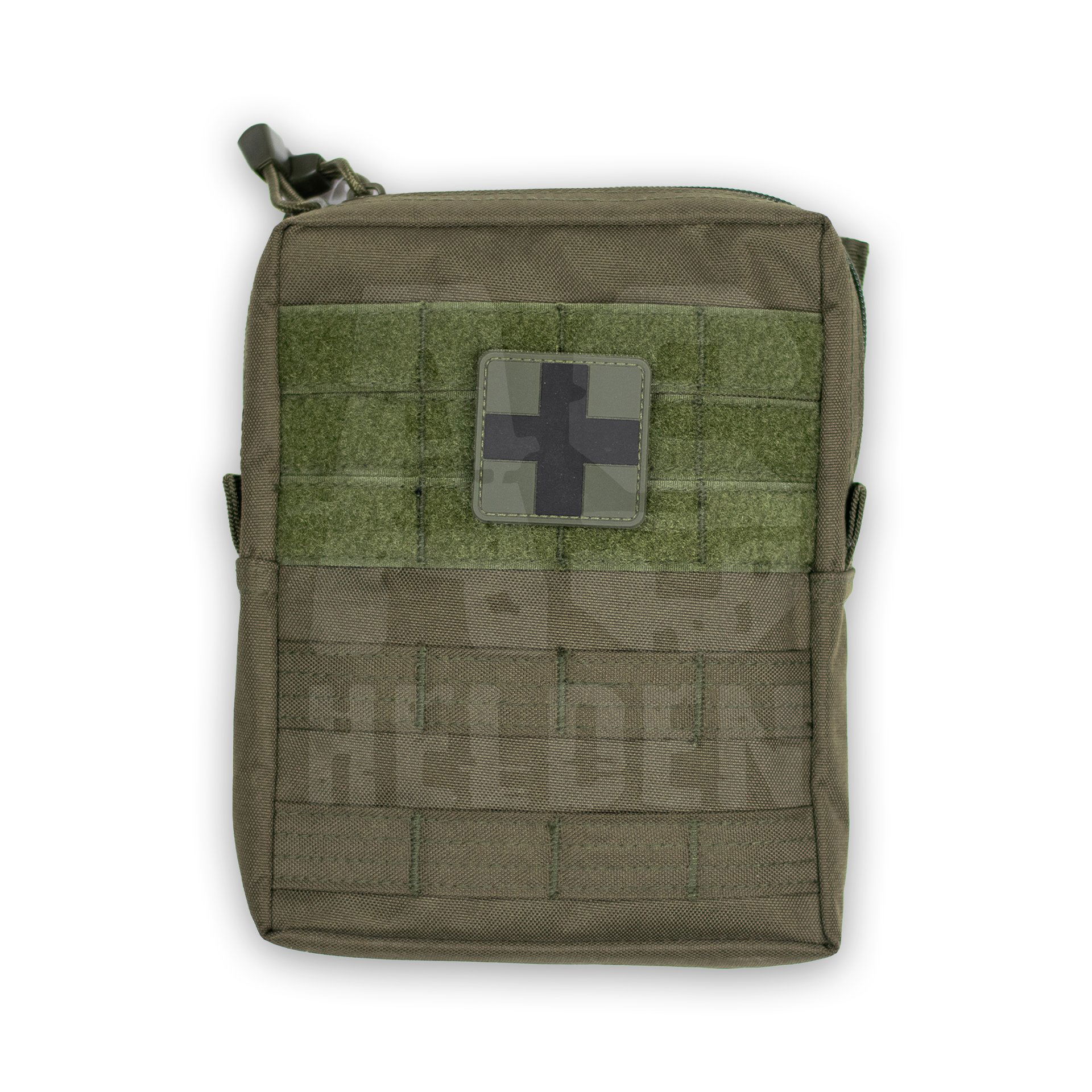 FIRST AID SET 'LEINA' PRO.43-TLG.LG OLIV Olivegrüne Airsoft-Tasche mit Kreuz-Patch und MOLLE-Schlaufen auf der Vorderseite.