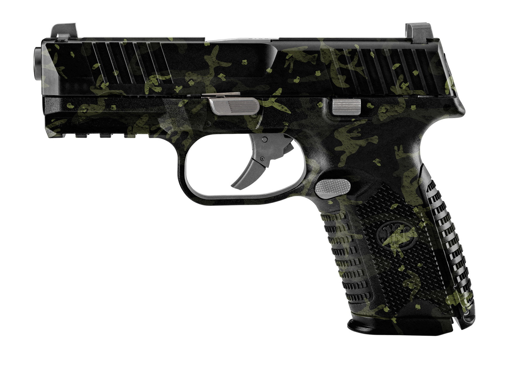 Airsoft-Pistole mit grün-schwarzem Tarnmuster, seitliche Ansicht.