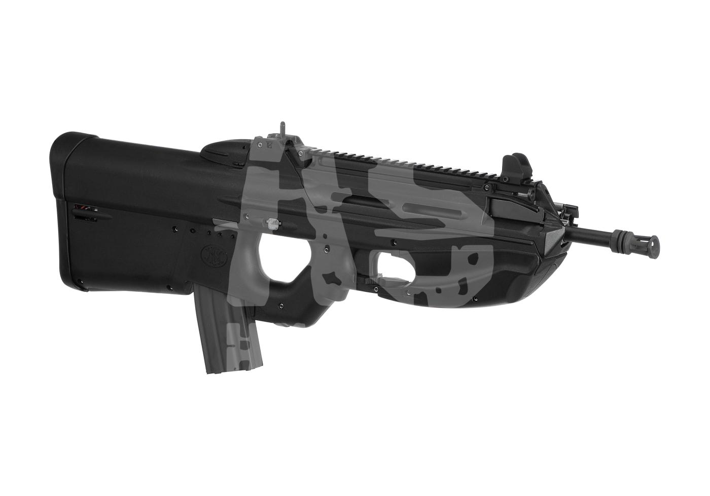 Schwarzes FN P90 Airsoft-Gewehr, seitlich gezeigt, mit einem kurzen Lauf und taktischen Details.