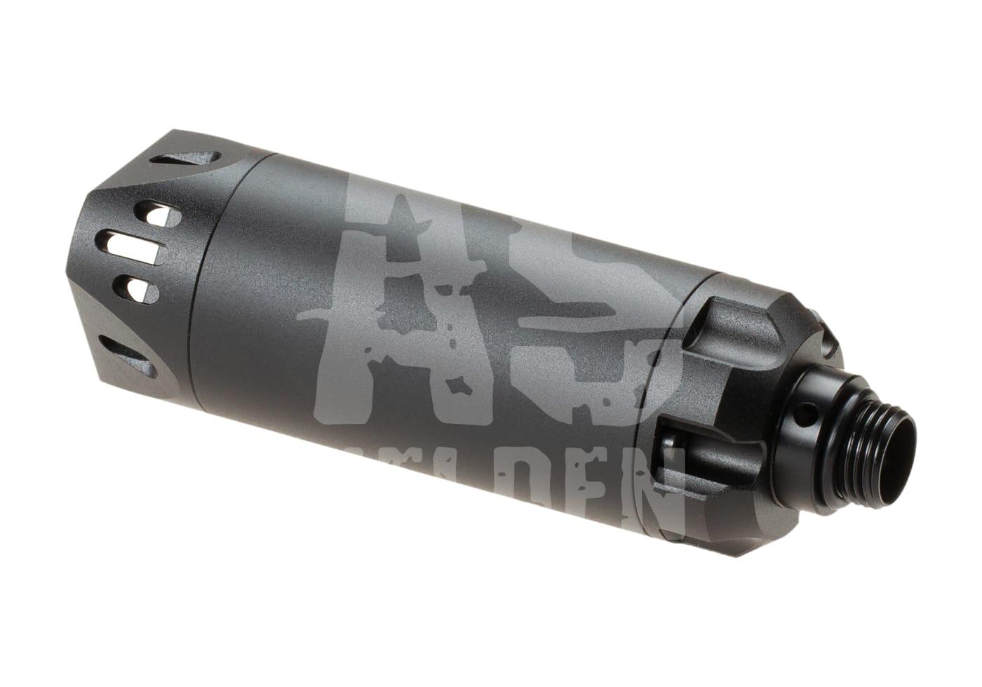 Schwarzer Airsoft-Dämpfer, zylindrisch geformt, mit Belüftungsöffnungen, seitlich abgebildet.