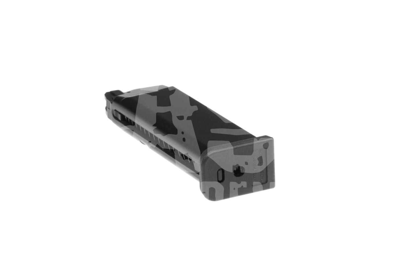 Airsoft-Magazin in Schwarz-Grau-Camo, seitlich liegend.