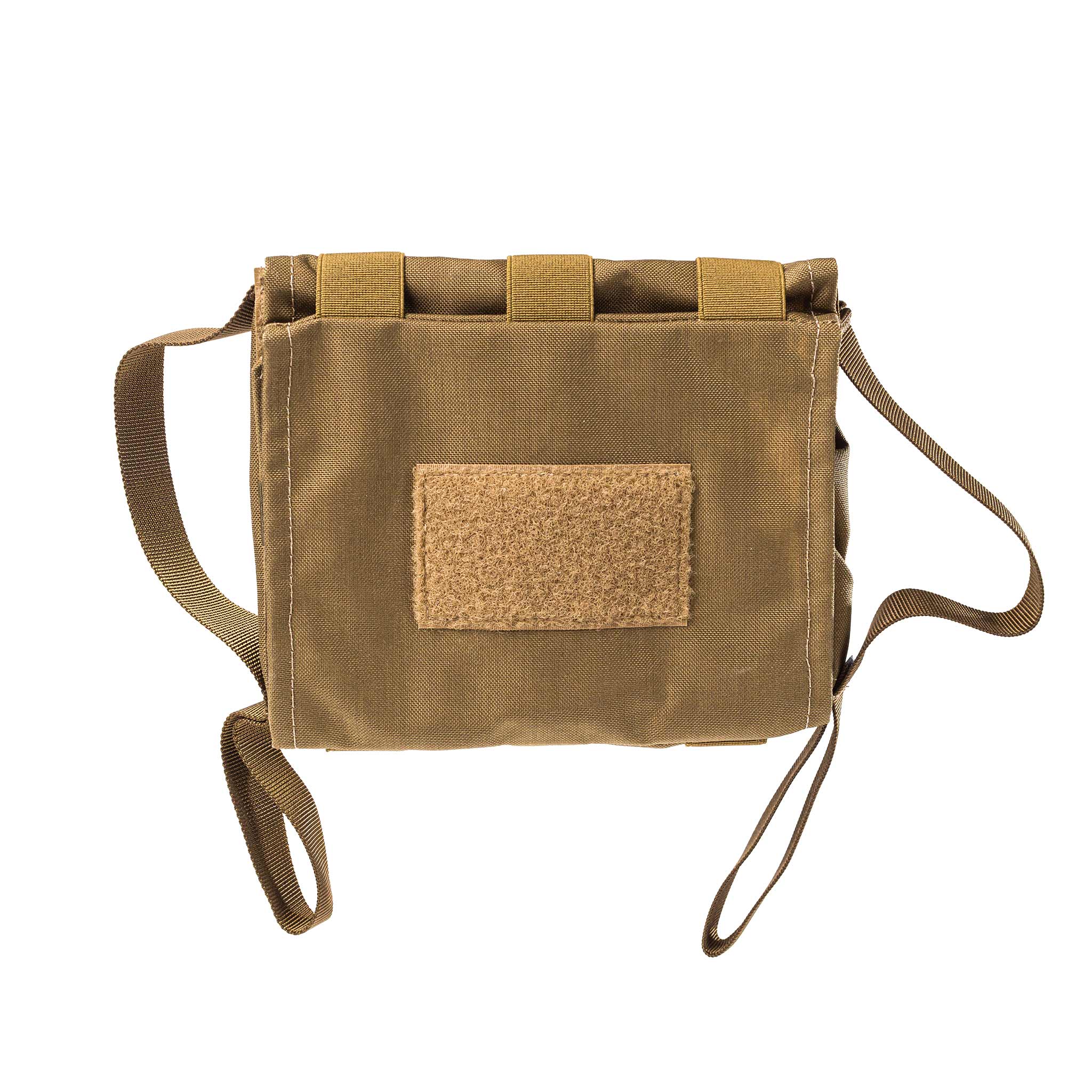 Taktische braune Airsoft-Tasche mit Klettverschluss und Schulterriemen.