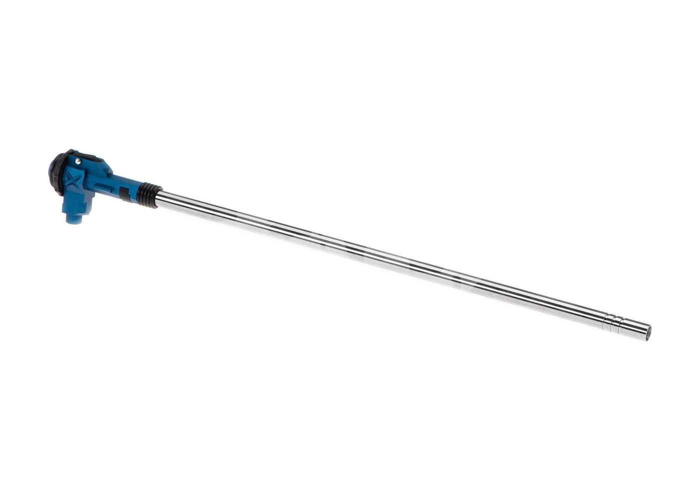 Airsoft-Präzisionslauf mit blauem Hop-Up-System, aus silbernem Metall gefertigt.