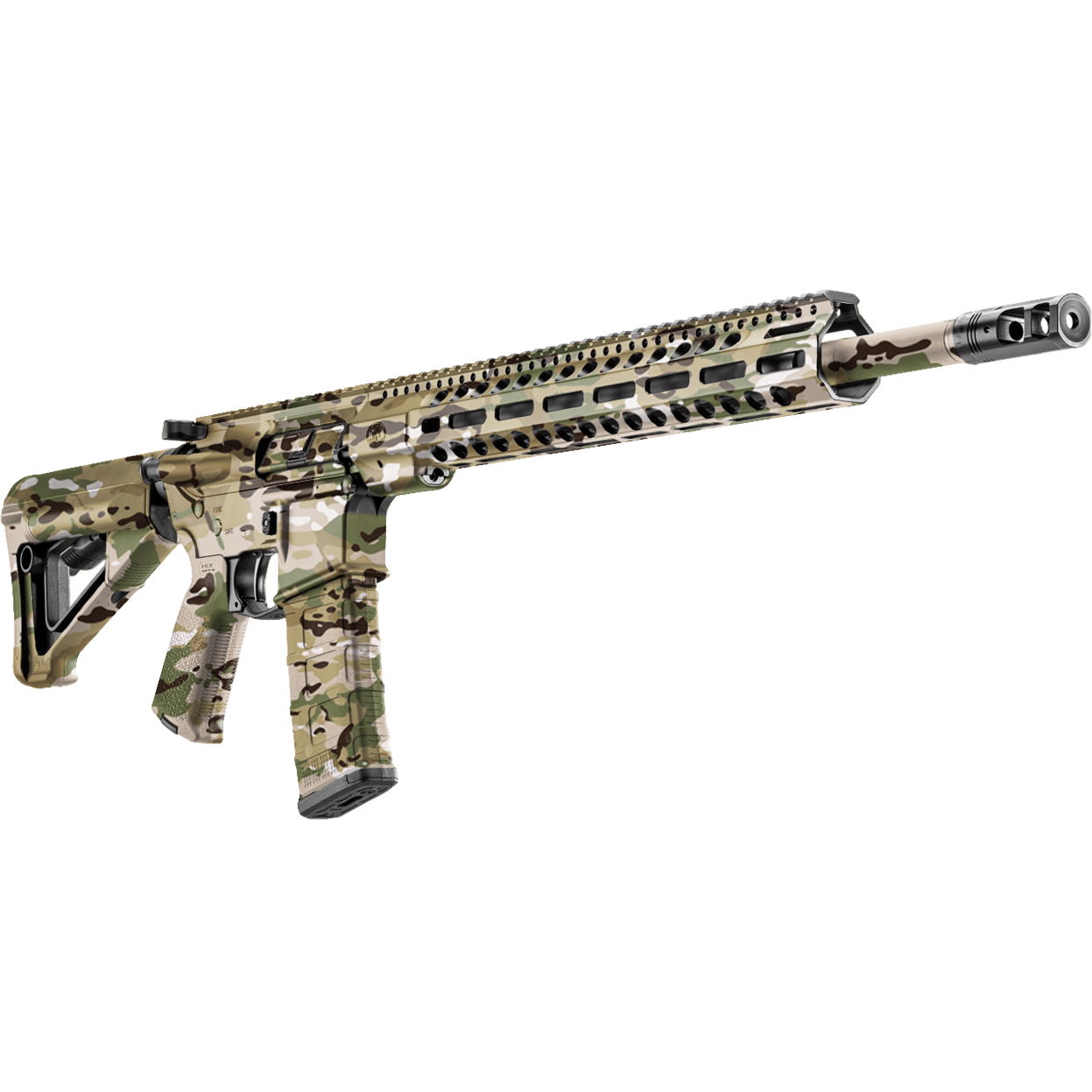 Airsoft-Gewehr in Tarnfarben mit langem Lauf und taktischem Schaft, ideal für strategische Spieleinsätze.