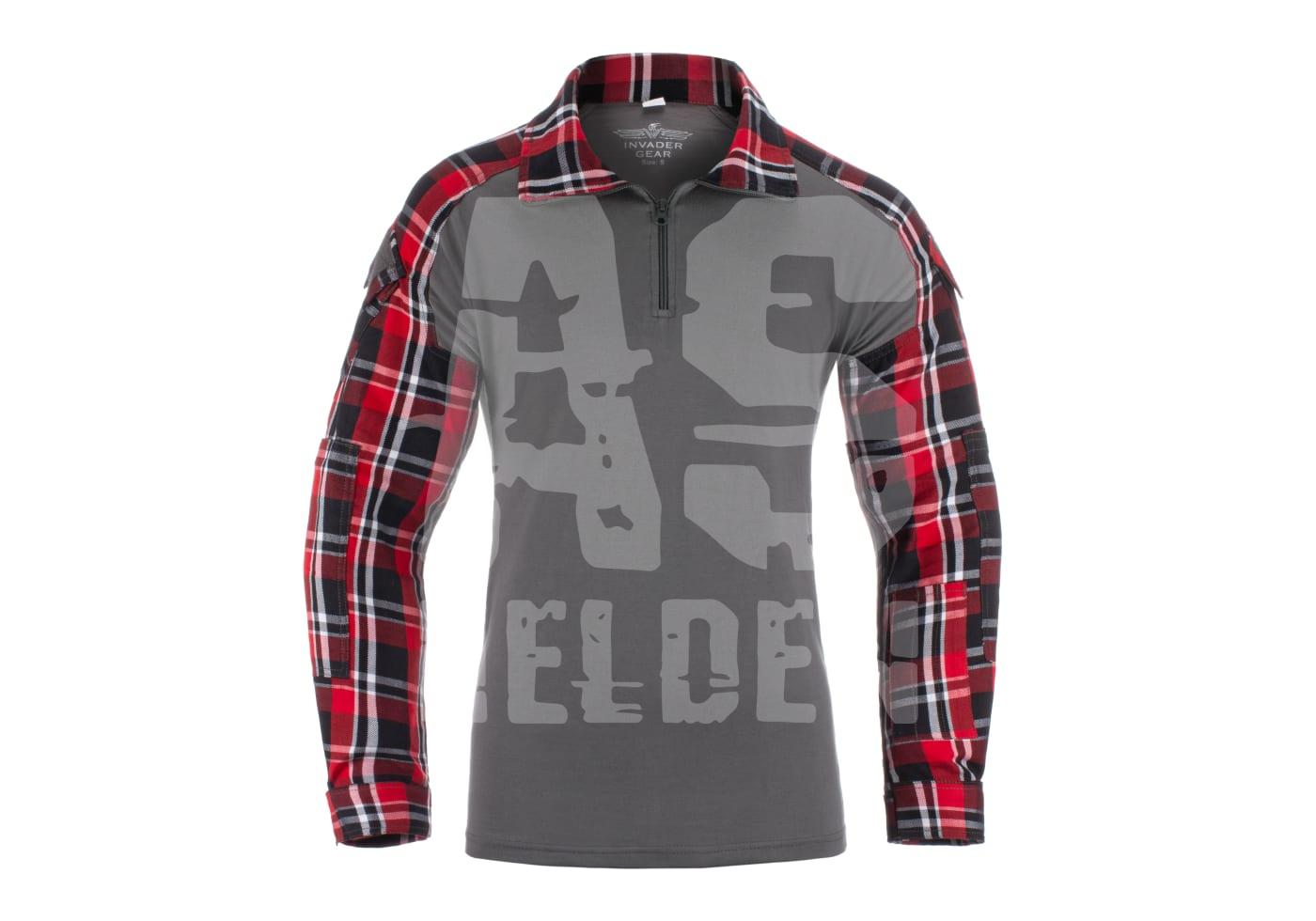 Flannel Combat Shirt Airsoft Combat Shirt, grau mit roten karierten Ärmeln und Kragen, "Helden"-Schriftzug.