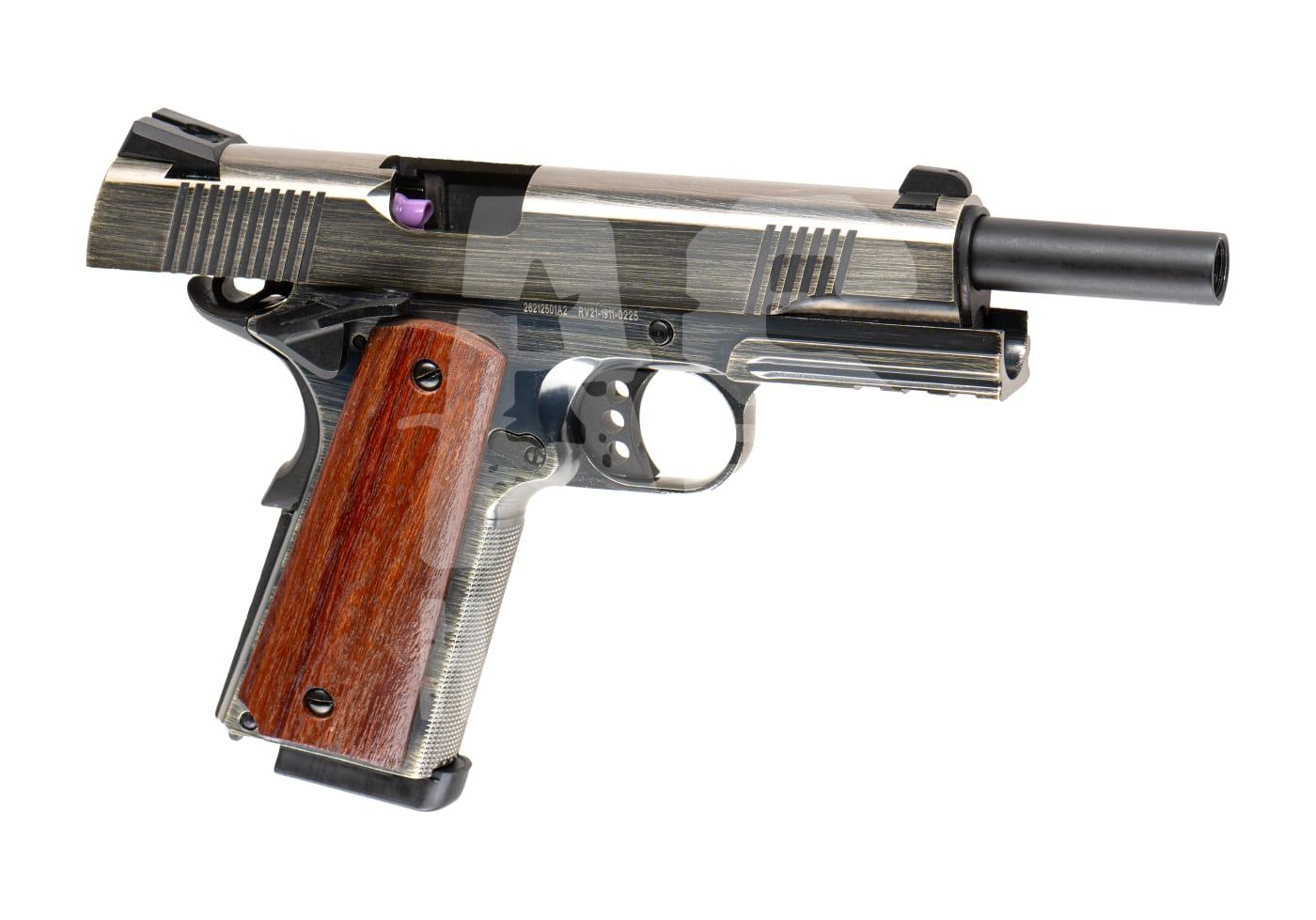 Nuprol Raven MEU Railed GBB Brushed - ab 18 Jahren Airsoft-Pistole mit Holzelementen, silbernem Schlitten und lila Kolbenstange, auf weißem Hintergrund.
