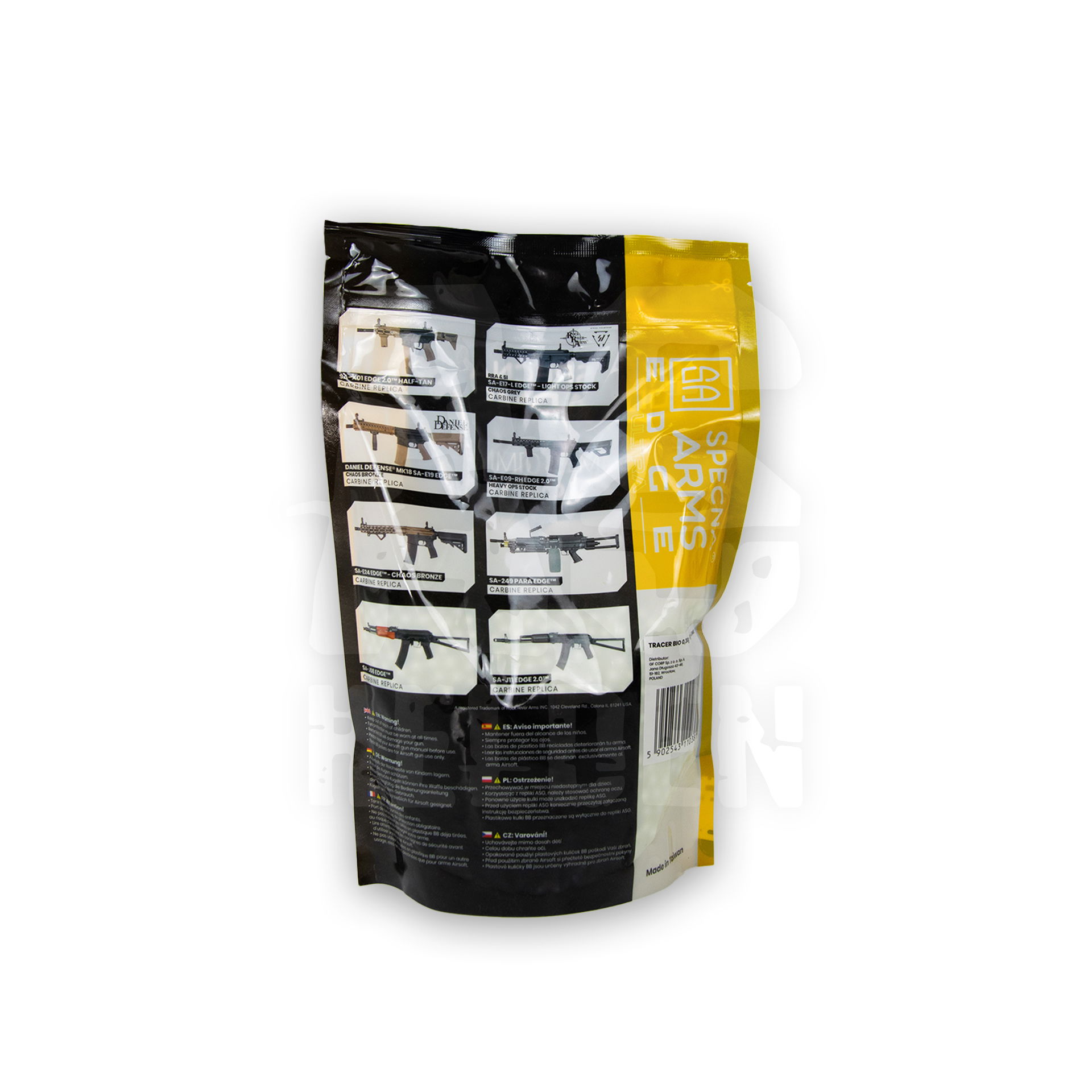 Airsoft-BBs-Verpackung mit Grafiken und Text auf schwarzem und gelbem Hintergrund.