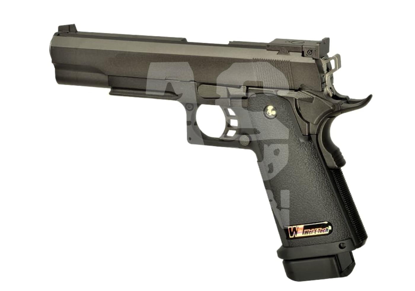 WE Hi-Capa 5.1 Full Metal GBB - ab 18 Jahren Schwarze Airsoft-Pistole, realistisches Design mit strukturiertem Griff und sichtbaren Herstellerlogo.