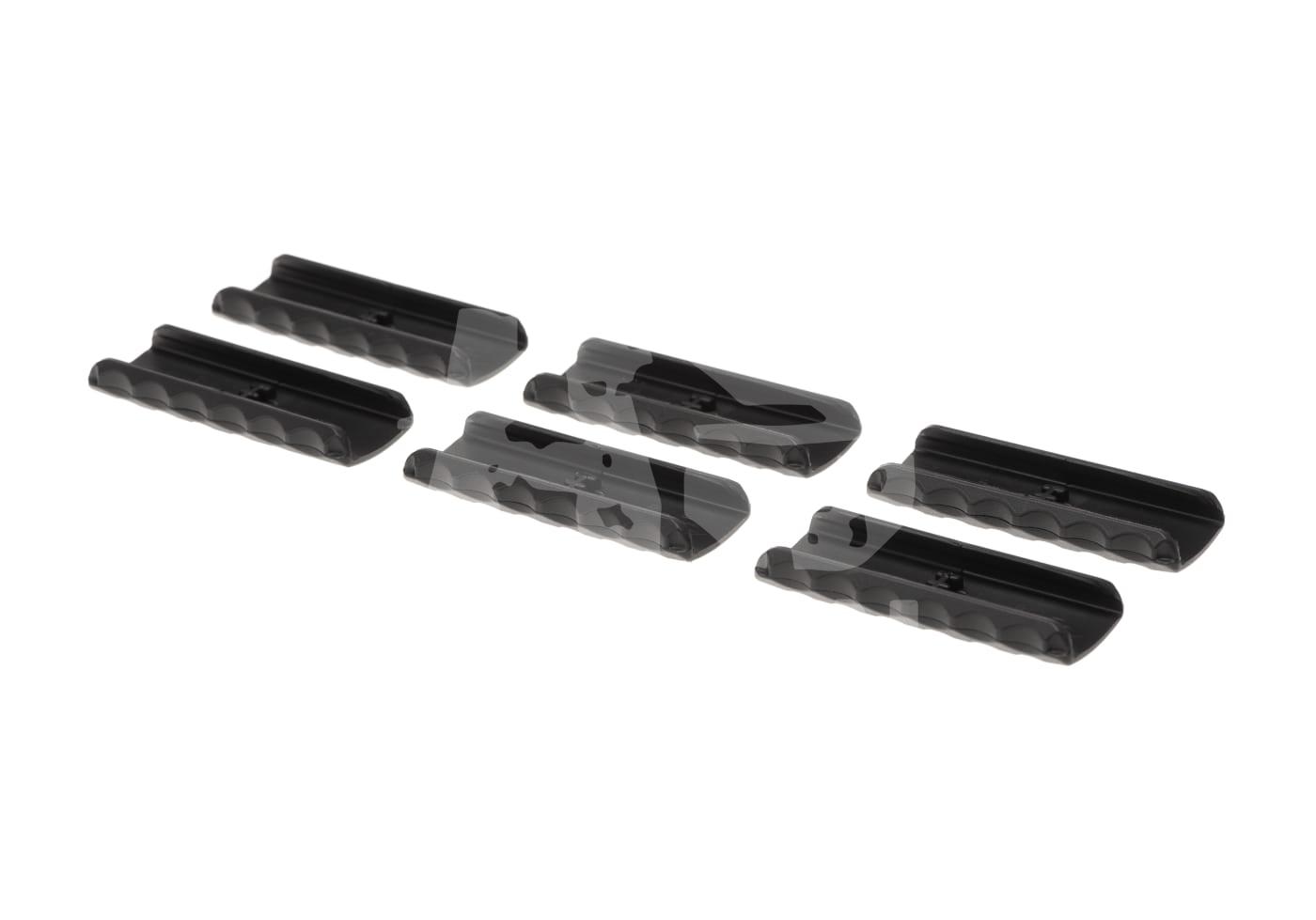 Sechs schwarze Rail-Abdeckungen für Airsoft-Handschutz.